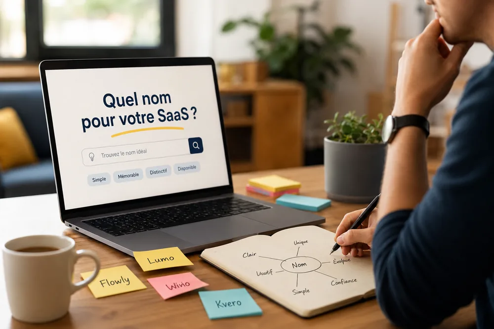 Photos d'un écran indiquant quel nom pour votre Saas et un utilisateur pensif