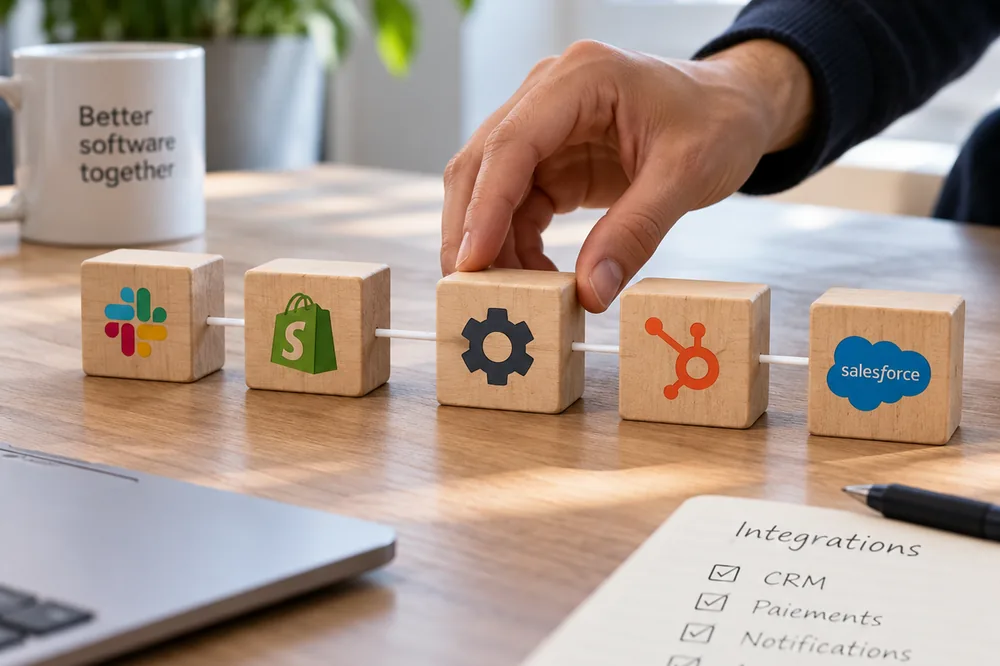 Illustration de plusieurs services SaaS reliés entre eux pour symboliser les intégrations par API